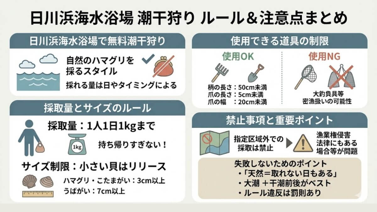 日川浜海水浴場潮干狩り｜ルール＆注意点まとめ